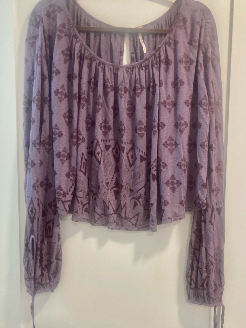 Free People Purple Slightly Off Shoulder Peasant Top w/Maroon Geometric Accents.